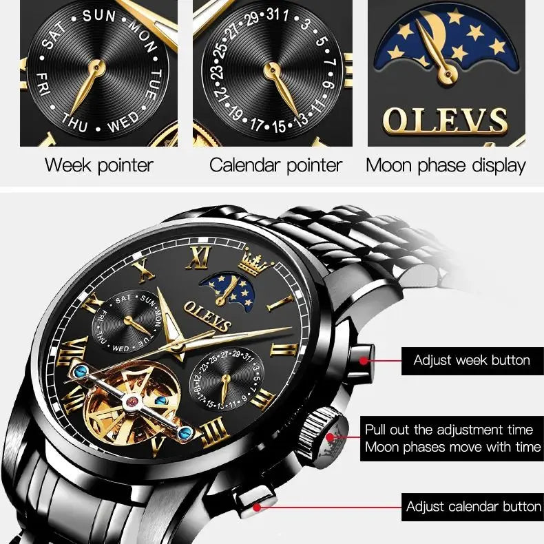 Automatic Mechanical Watch for Men Skeleton Flywheel Design Stainless steel Waterproof Moon Phase Watch