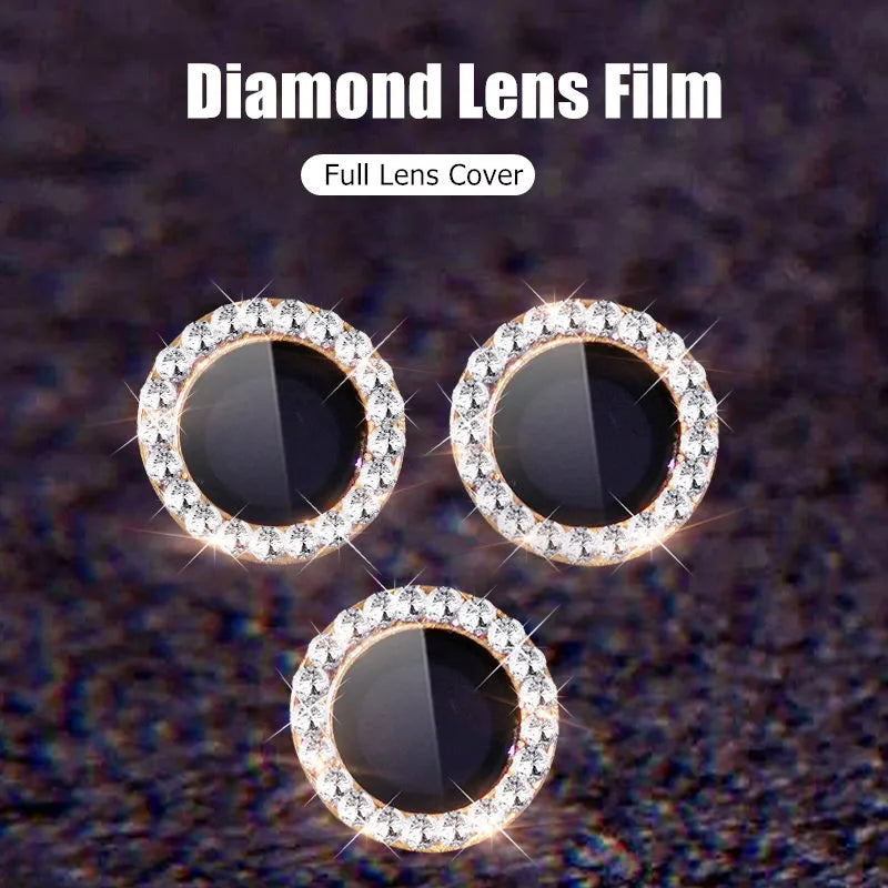 Glitter Diamond Rhinestones Metal Ring Camera Tempered Glass For iPhone 15 11 12 13 14 Pro Max Plus Lens Protector Full Cover
