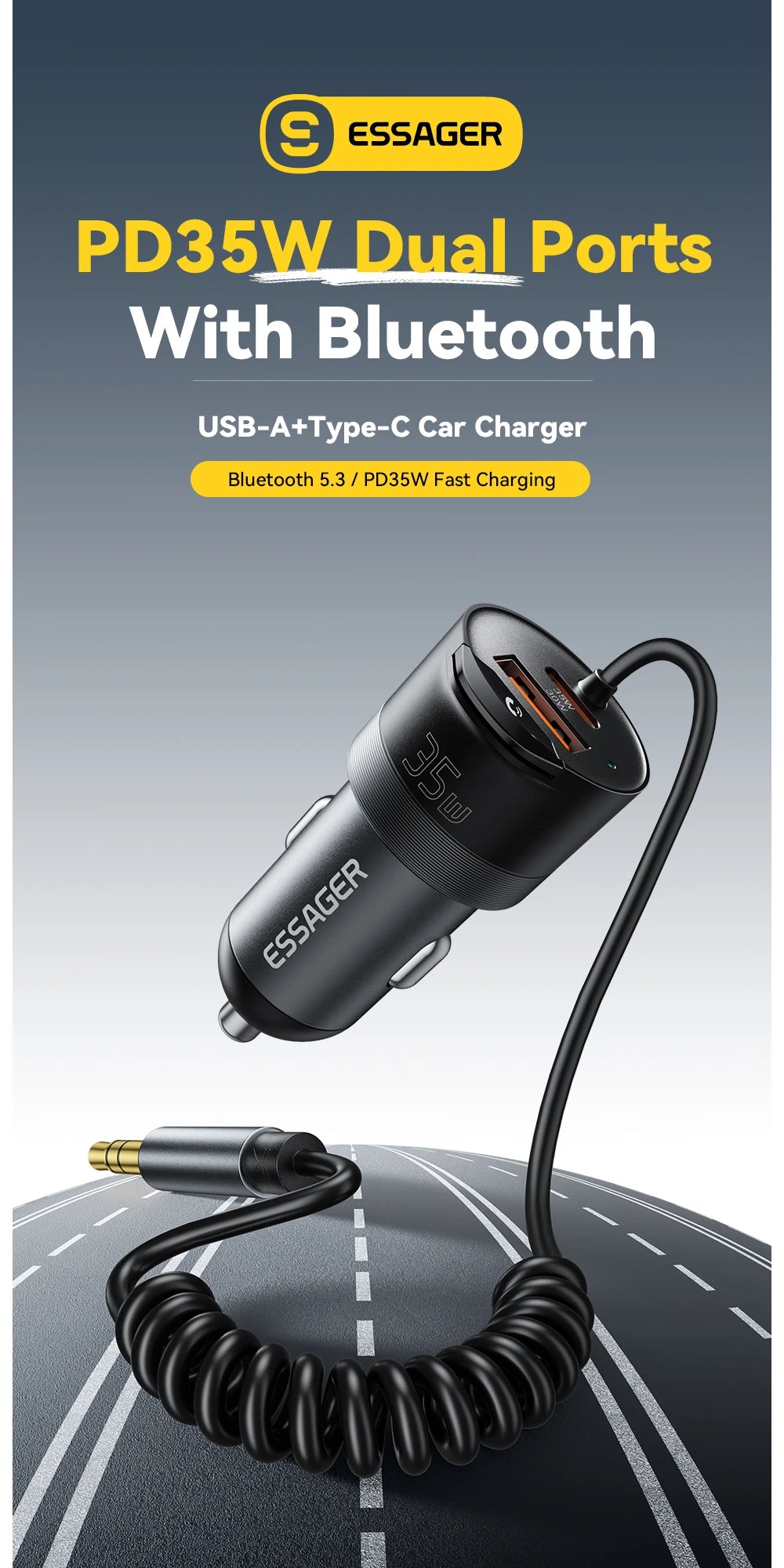 Bluetooth 5.3 Car Charger AUX Adapter PD 35W QC 30W Fast Charging USB C + USB with 3.5mm Audio