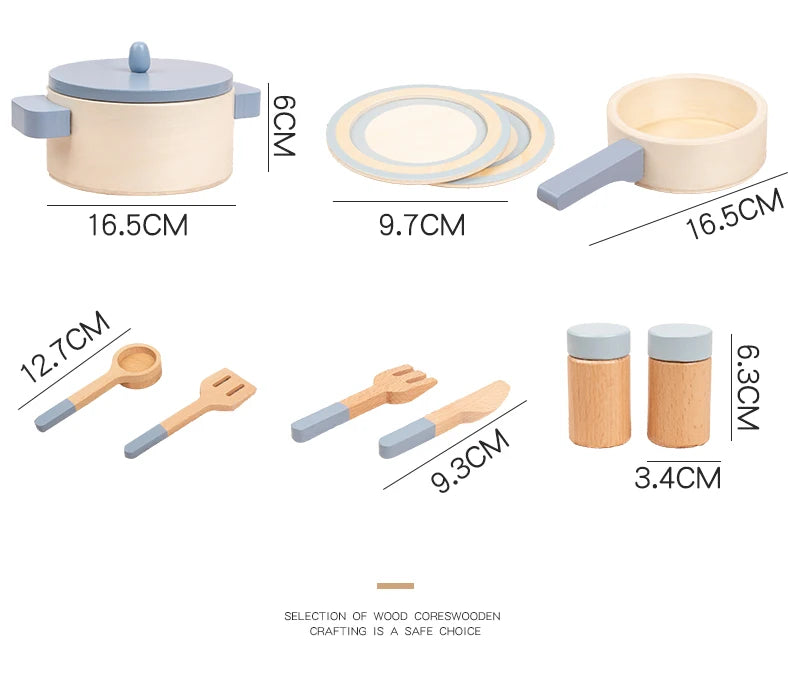 Wooden Pretend Play Kitchen Set with Pots Pans and Utensils