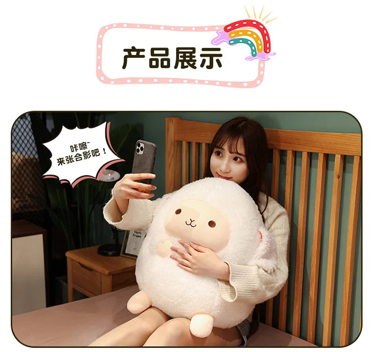 Cute Fluffy Sheep Plush Stuffed Animal Soft Round Pillow
