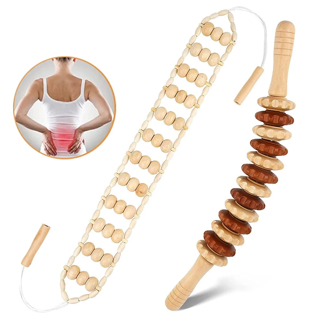 2 PCS Wood Therapy Massage Tools, Portable Manual Wooden Massage Wood Back Massage Roller Rope, Wood Massager Handheld Roller