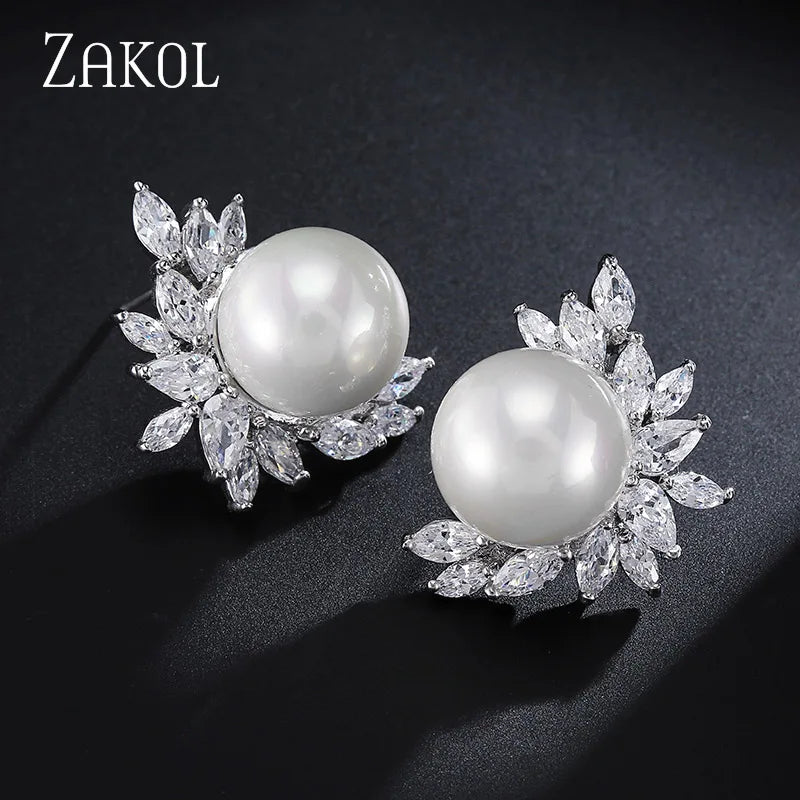 Imitation Pearl Leaf Stud Earrings for Women Fashion White Marquise Zircon Earring