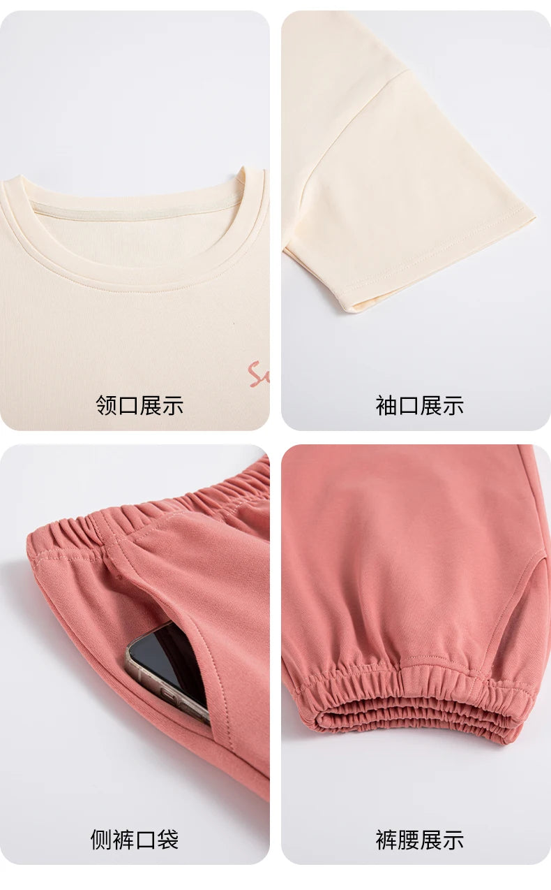 2-Pcs Women’s Cotton Pajama Set – Breathable Short Sleeve Summer Sleepwear with Cute Prints