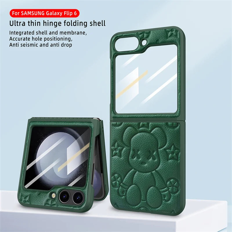 Cute Bear Folding Screen Phone Case For Samsung Z Flip 3 4 5 Folding Hinge Center Axis Case Film Integrated Phone Case