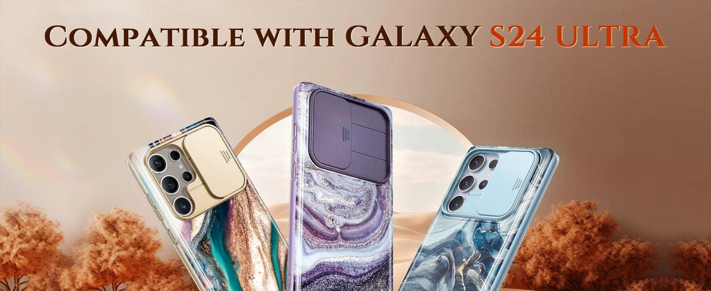 For Samsung Galaxy S24 Ultra Case with 2 Front Frames Slide Camera Lens Protection Heavy Duty Shockproof Marble Phone Case Cover