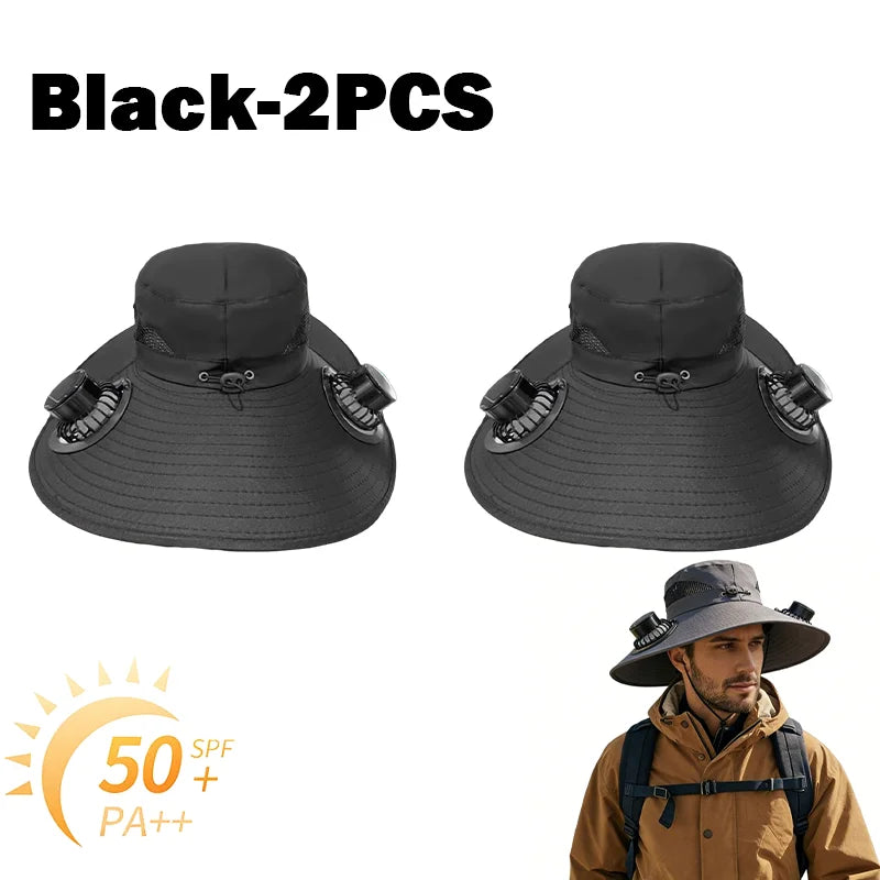 Wide Brim Fishing Hat With Dual Solar Fans