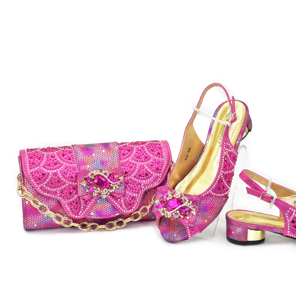 Pattern Popularity Newest Sandals Ladies Shoes and Bag Set Full Diamond Fashion Design Purple Color Pumps for Wedding Party