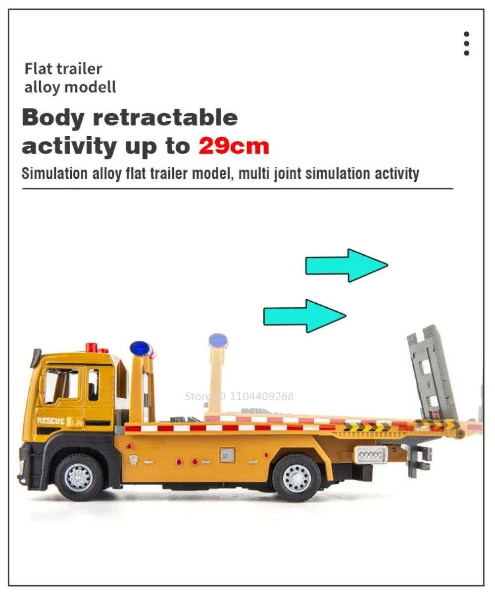 1:32 Flatbed Trailer Roadblock Transpot Truck Model Toy Alloy Diecast Vehicle Simulation Engineering Models Sound Light Gifts