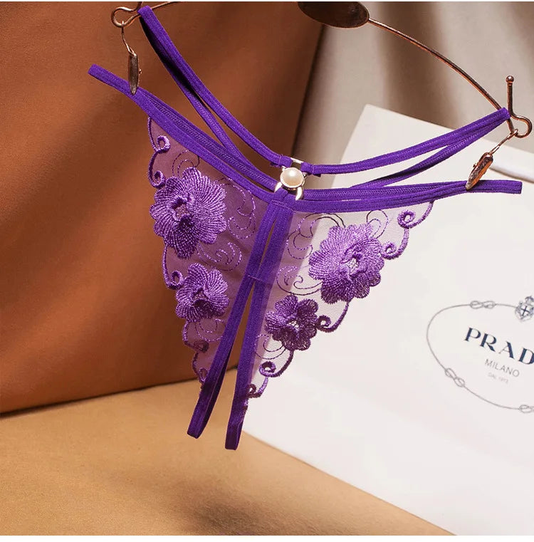 Underwear Floral Embroidery Hollowed Transparent G-String Thong Open Crotch Ultra-thin Temptation Low Waist Panties