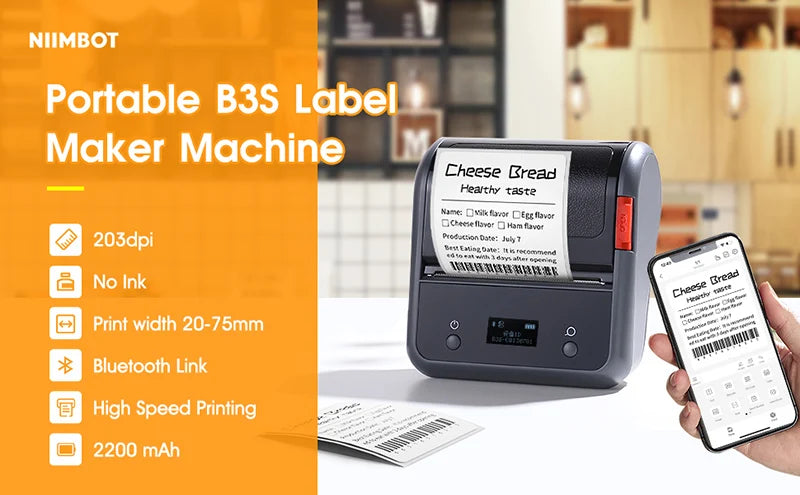 B3S Barcode Thermal Label Printer, Bluetooth Wireless Sticker Maker 20–75mm, Portable Inkless Label Printer for Clothing Jewelry & Shipping