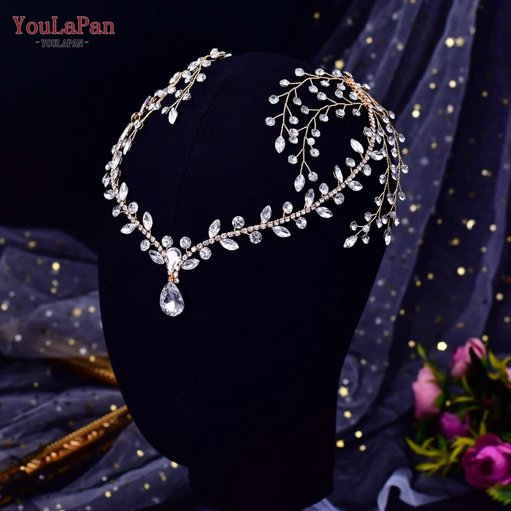 Wedding Forehead Headband Rhinestone Women Headdress Bridal Tiara Hair Accessories Bride Head Piece with Combs