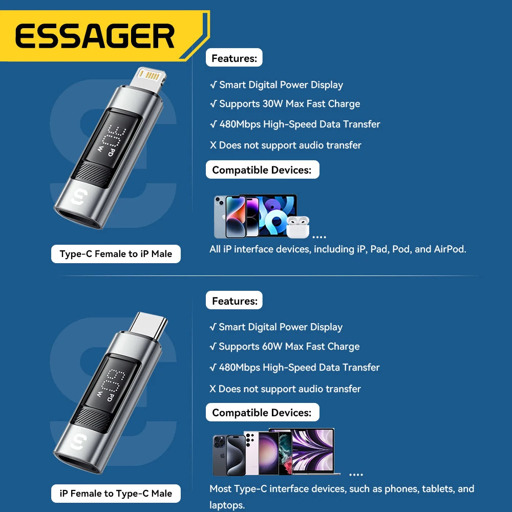 Type-C to Lightning OTG Adapter with Digital Display (PD 60W Fast Charging)