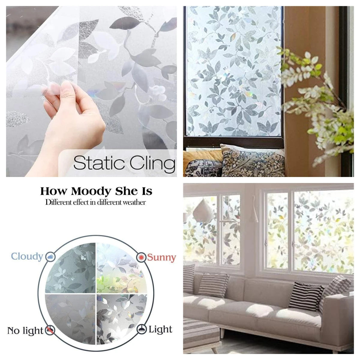 Wide 75/90 cm 3D Vinyl Window Privacy Film, Heat Insulation Rainbow Window Films, UV Protection Decorative Glass Stickers