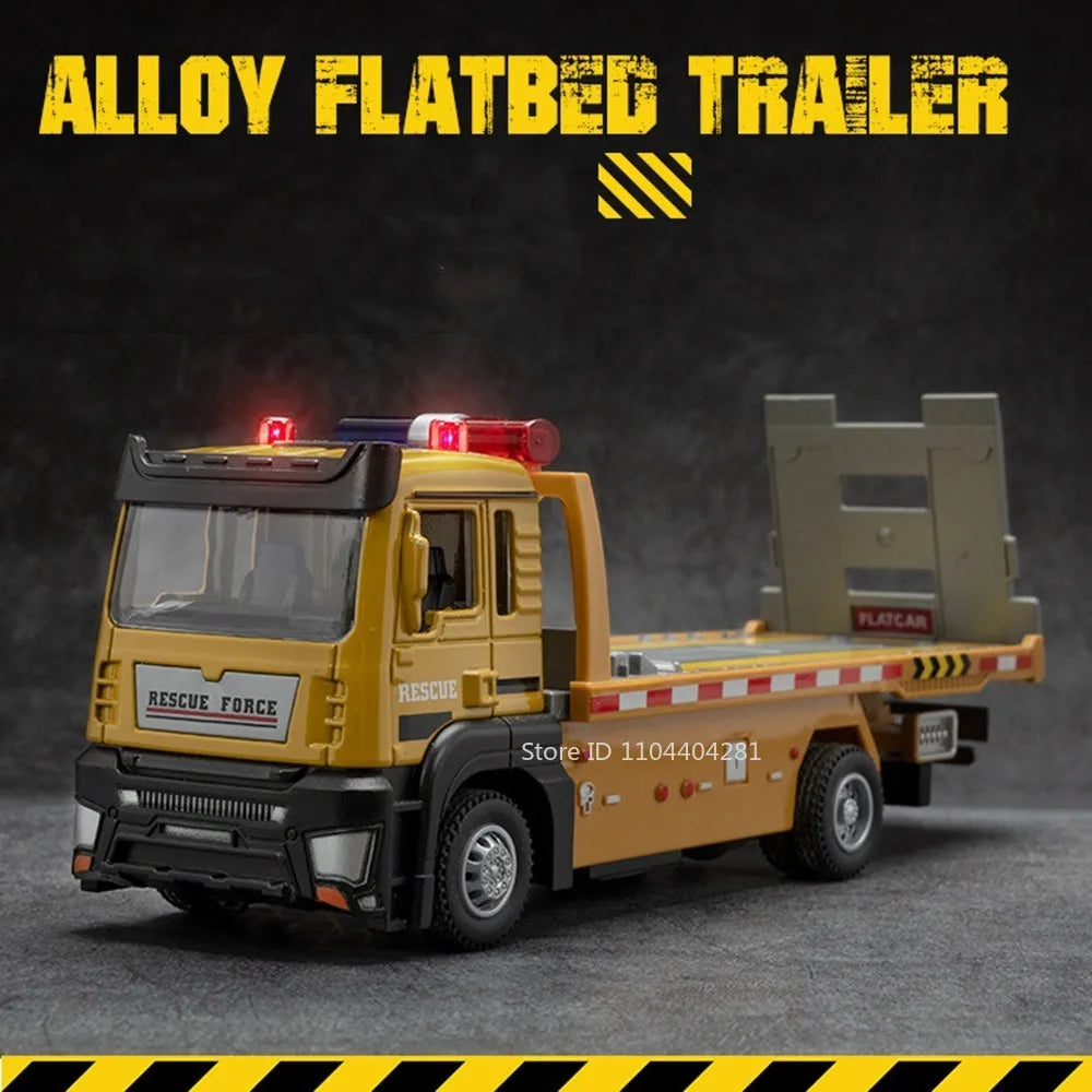 1:32 Alloy Flatbed Trailer Excavator Blender Truck Model Toys Diecast Car Sound Light Pull Back Miniature Vehices Boys' Fun Toys