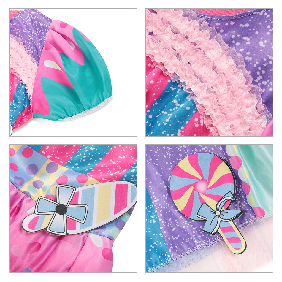 Girls Purim Festival Lollipop Costume  Puff Sleeve Candy Costume  Sweet Lollipop Print Birthday Party Dresses