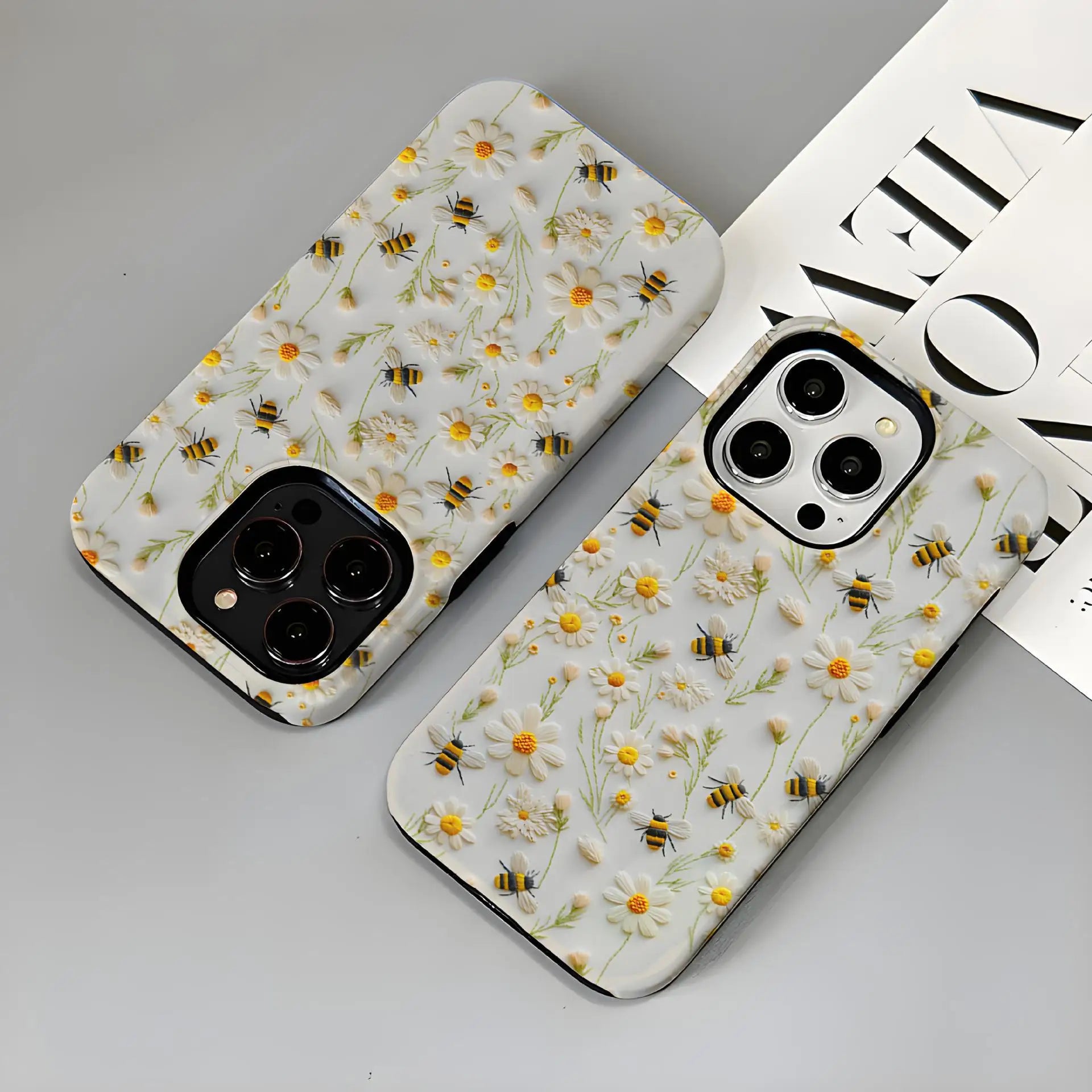 Luxury Embroidery Effect Bee Daisy Flower Phone Case for iPhone 16 15 Pro Max Plus 2 in 1 Hard Protective Cover