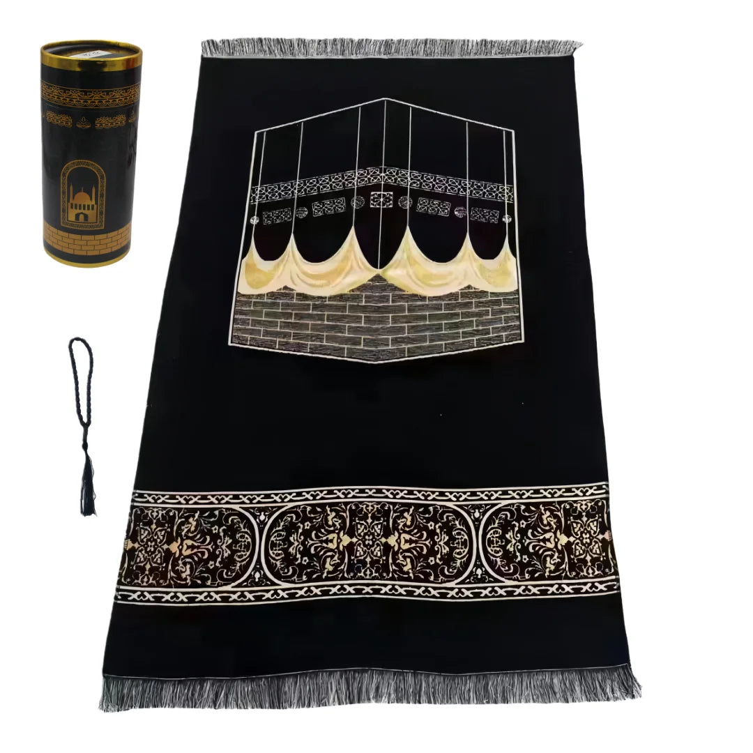 Lightweight Prayer Rug and Prayer Beads with Elegant Cylinder Gift Box Soft Sajadah Islamic Gifts Set Portable Prayers Mat Black