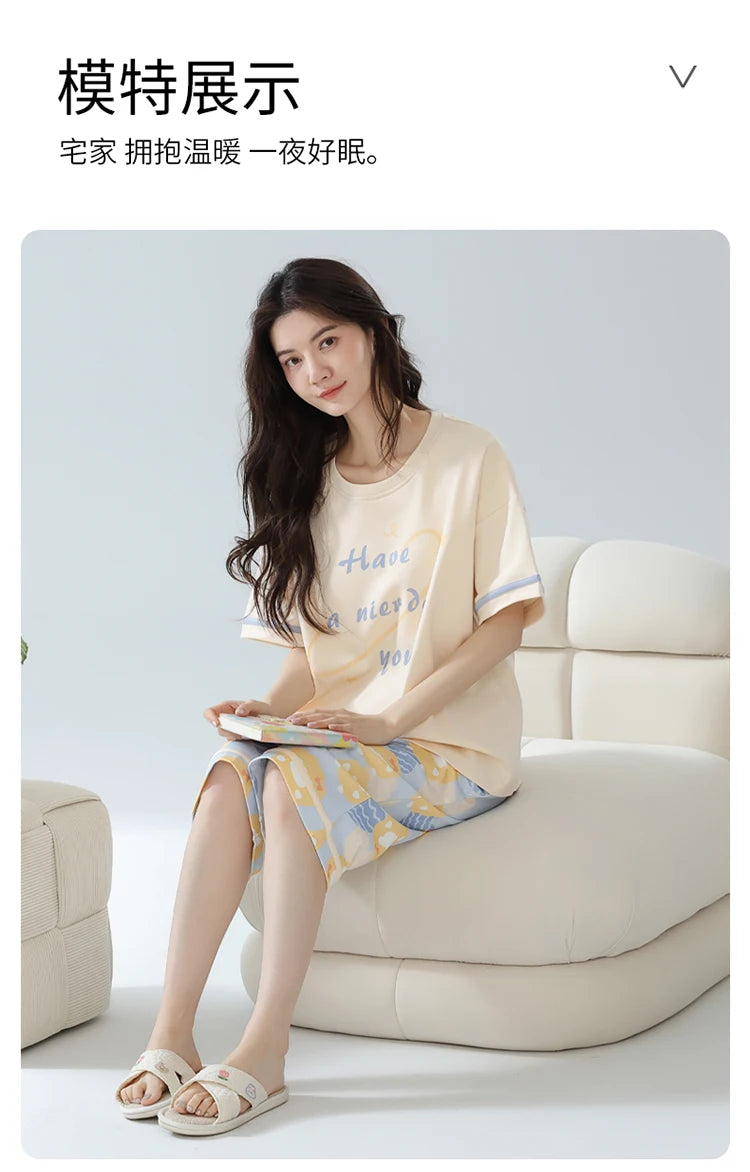 2-Pcs Women’s Cotton Pajama Set – Breathable Short Sleeve Summer Sleepwear with Cute Prints