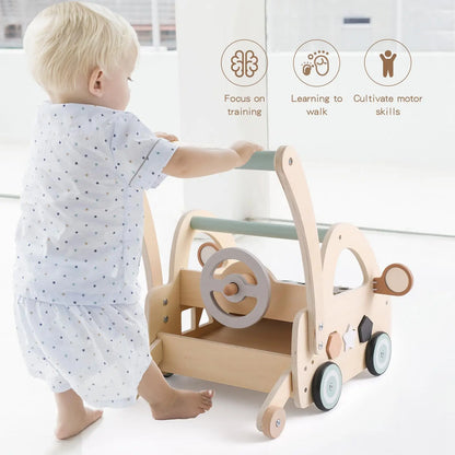 Baby Wooden Toy Newborn Learning To Walk Toy Educational Sensory Play Multi-functional Wooden Cartoon Car Toy Baby Gift With Box