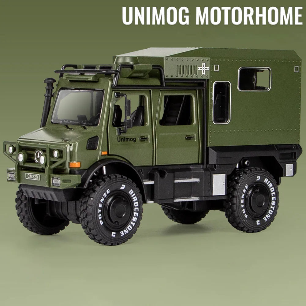 1:28 Scale X-Class 6x6 UNIMOG Motorhome Camping Car Model Toy Shock Absorption Sound Light Pull Back Off-road Vehicles Boys Gift