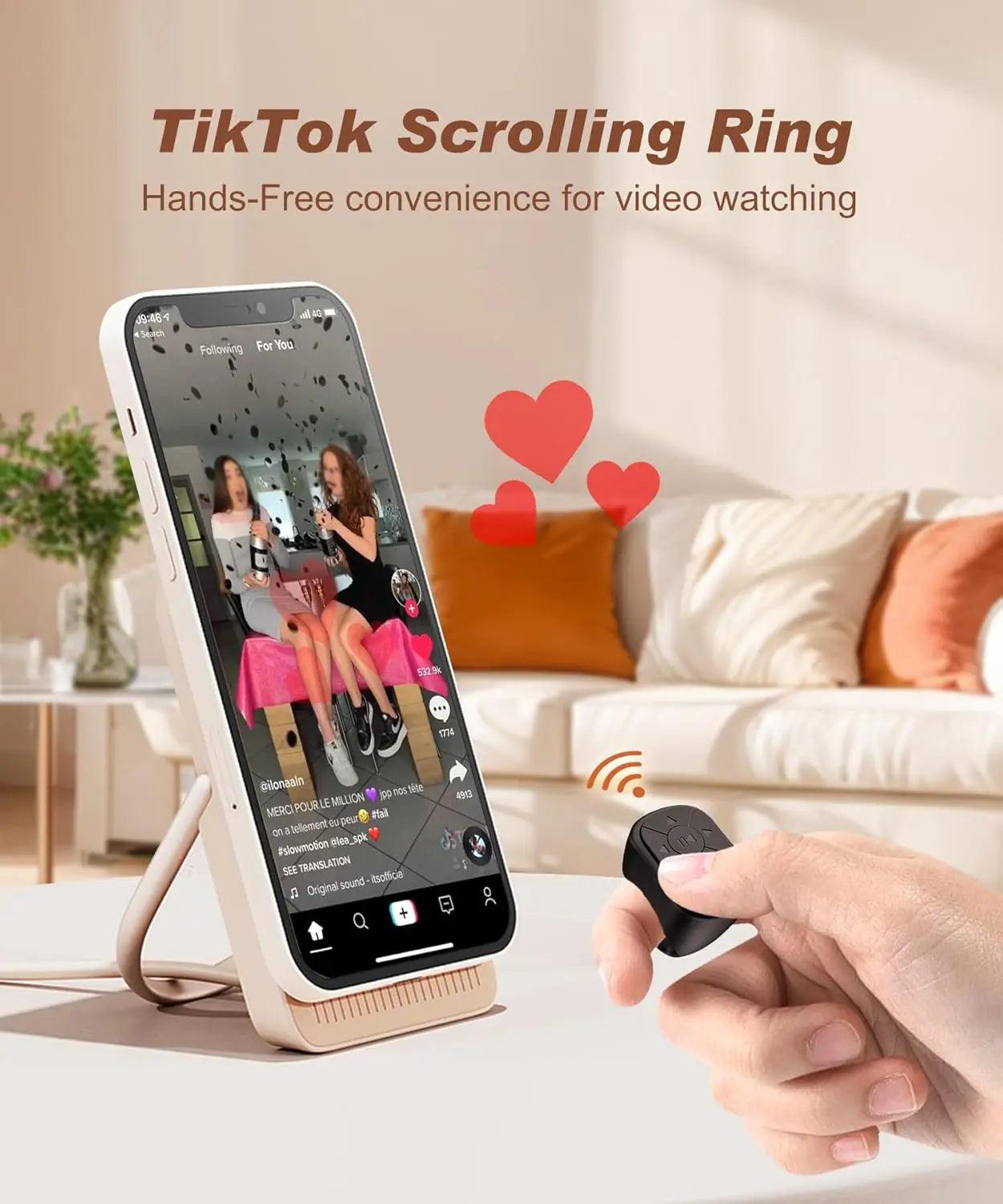 Tiktok Scrolling Ring Tiktok Remote Control Is Suitable for Iphone, iPad Bluetooth Page Turning Ring Roller, Both Camera Shutter, Short Video and Music Remote Control Function, Compatible with Ios and Android Phones