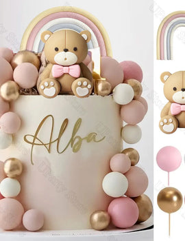 1 Set Pink Bear Cake Toppers Boho Rainbow Nude  Pink Balls Cake Decorations for Birthday Baptism  Shower Party Favor