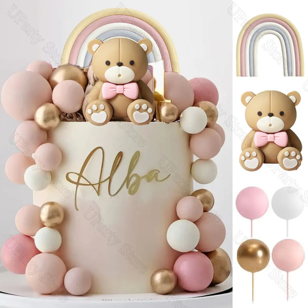 1 Set Pink Bear Cake Toppers Boho Rainbow Nude  Pink Balls Cake Decorations for Birthday Baptism  Shower Party Favor