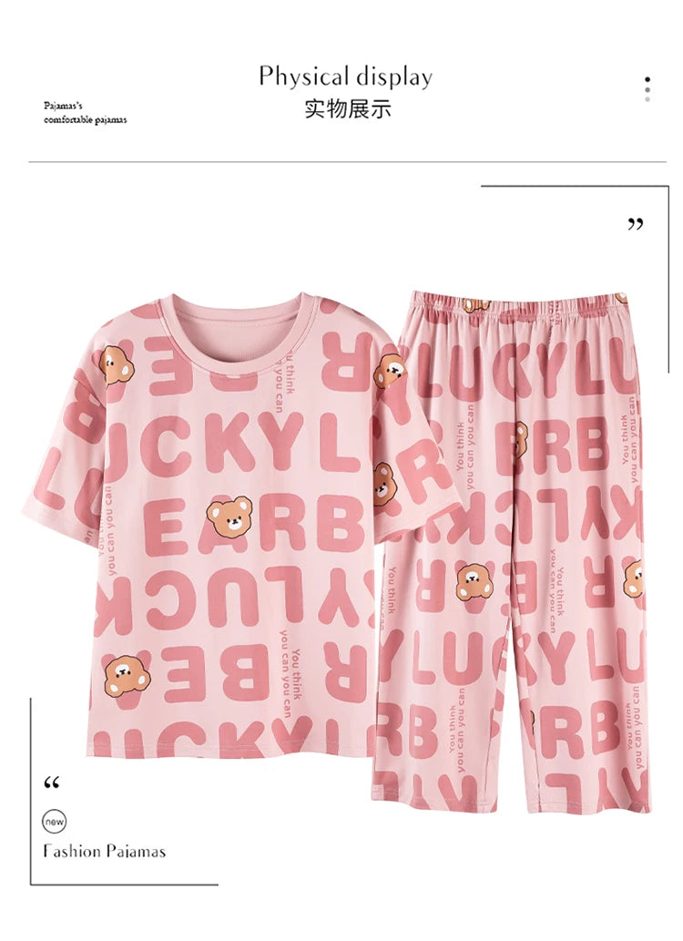 2-Pcs Women’s Cotton Pajama Set – Breathable Short Sleeve Summer Sleepwear with Cute Prints