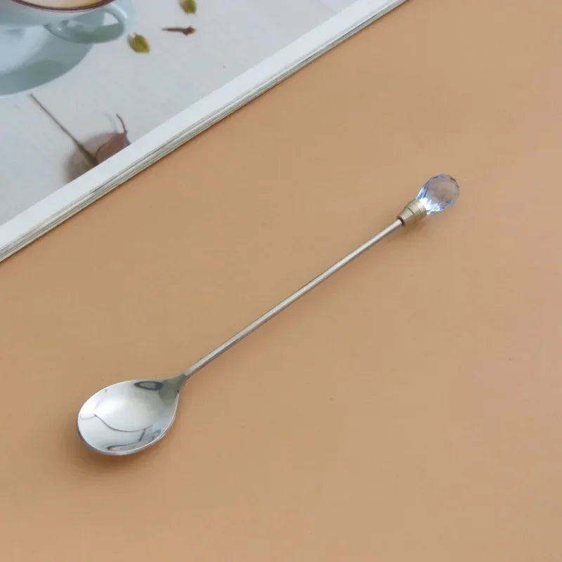 Stainless Steel Diamond Coffee Spoon and Fork Set Creative Crystal Long Handle, Perfect for Desserts, Ice Cream, Cake, and Fruit