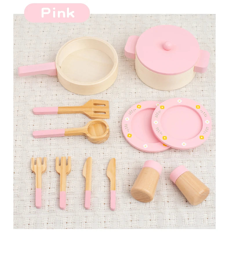 Wooden Pretend Play Kitchen Set with Pots Pans and Utensils