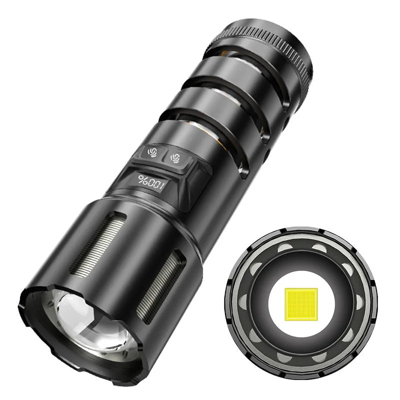 2-in-1 XHP360 High Power Tactical Flashlight Rechargeable Zoom Torch with Camping Light Power Bank Safety Hammer