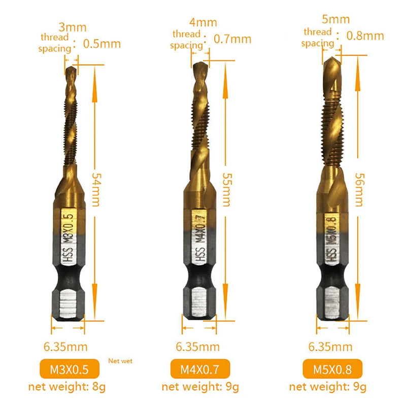 Titanium Plated Hex Shank Drill Bits HSS Screw Thread Metric Tap Screw Machine Compound Tool M3 M4 M5 M6 M8 M10 Hand Tool