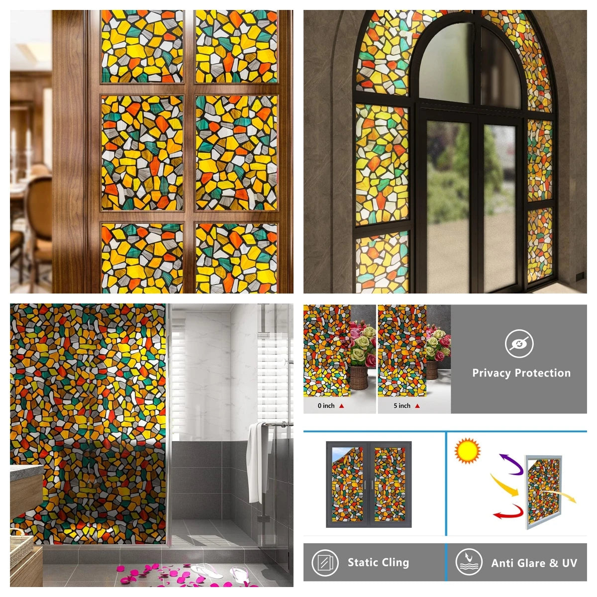 45/60/90Cm Rainbow Window Privacy Film 3D Decorative Vinyl Stained Glass Decals Static Cling Non-Adhesive Window Film Stickers