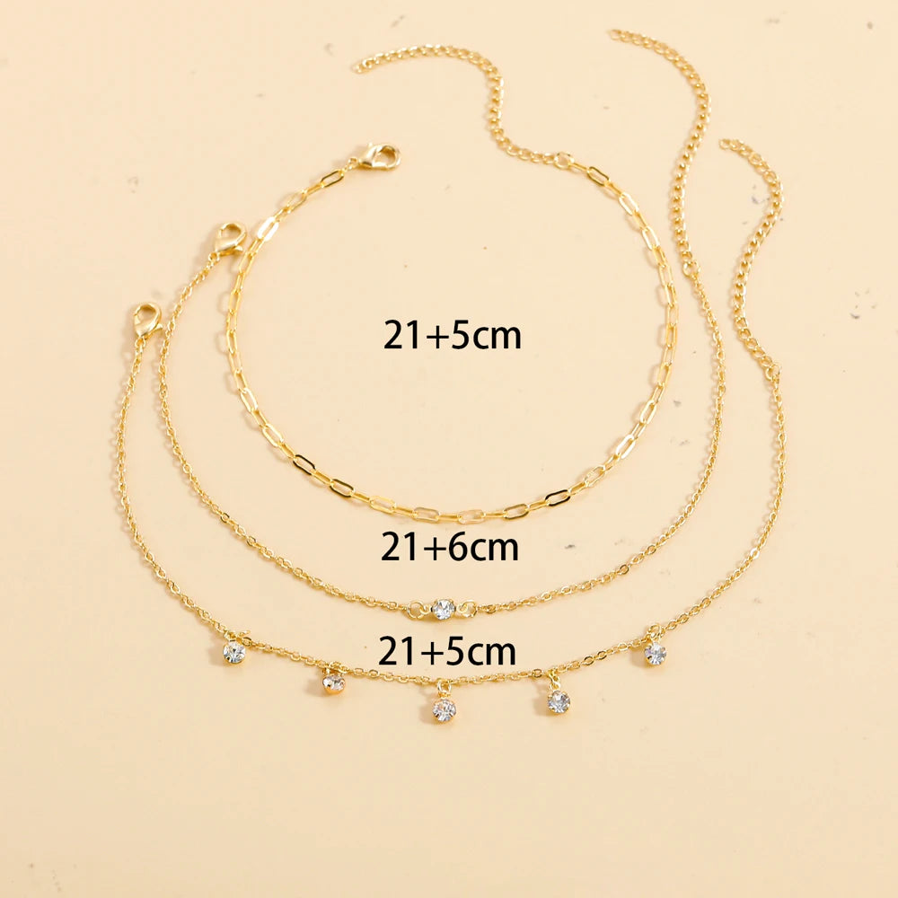 Tiny Crystal Chain Anklet Gold Color Link Chain Barefoot Sandals Bracelet Ankle