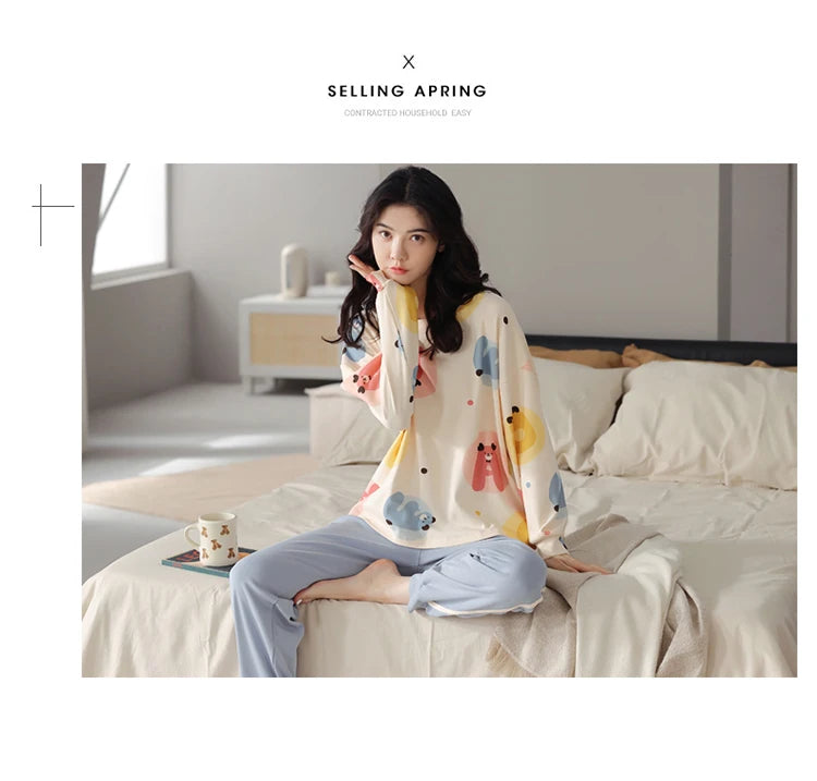 Women’s Cute Lazy Style Cotton Pajama Set – Soft, Loose Long Sleeves & Pants