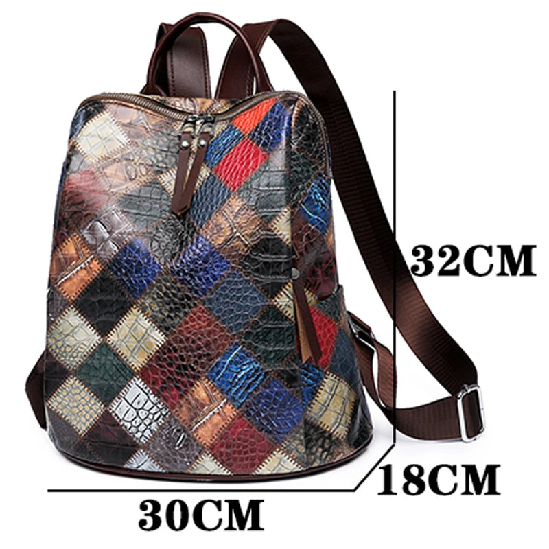 Patchwork Leather Backpacks Large Capacity Travel School Bag Retro Shoulder Bag Bagpack