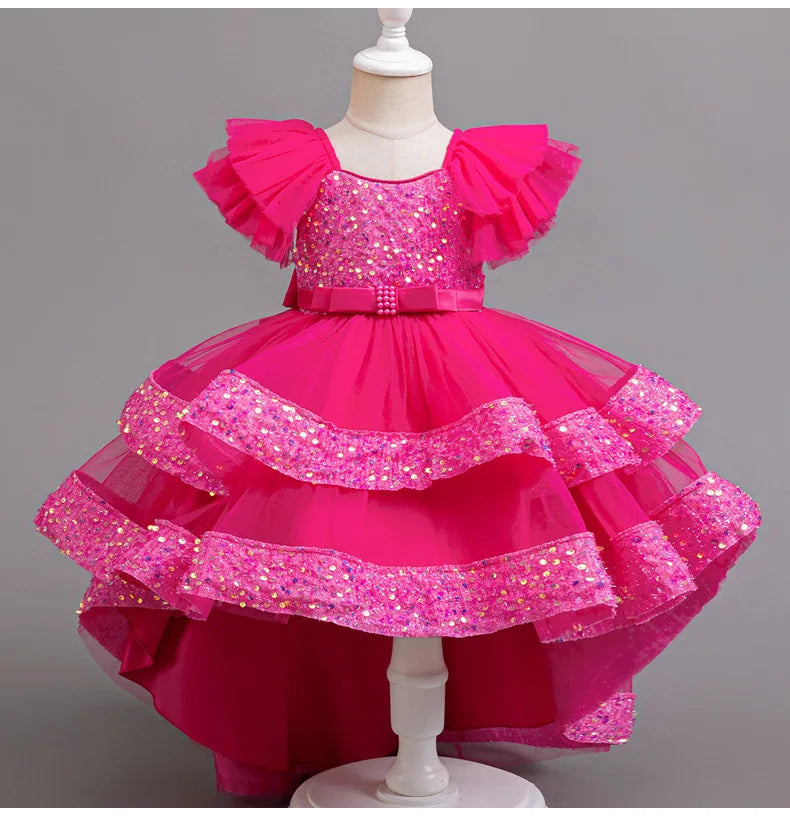 Sparkling Girls' Evening Gown - Sequin Dress with Train for Birthday Party & Piano Recital