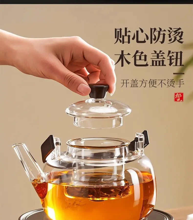 Heat Resistant Glass Tea Kettle with Filter Bamboo Handle Flower Tea Pot 1L