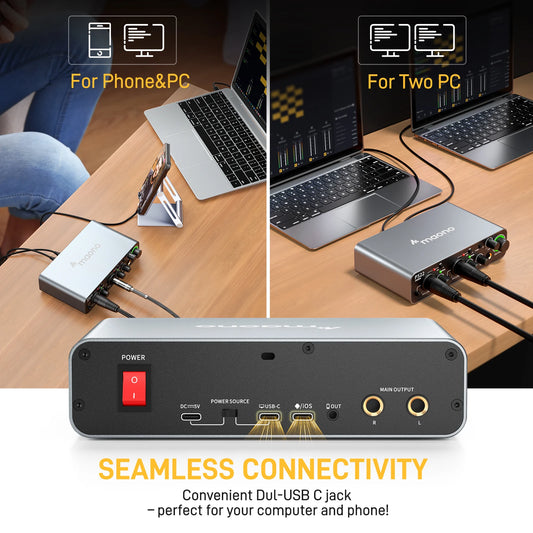 PS22 USB Audio Interface for PC,60dB Pro-Preamp, 24bit 192kHz,Dual USB Interface for PC and Smartphone, Routing Software