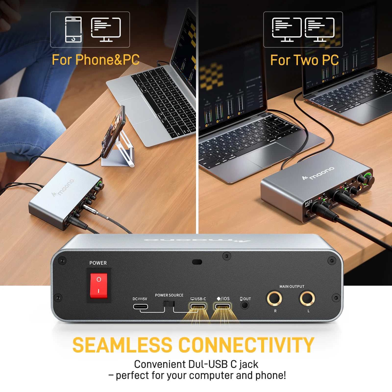 PS22 USB Audio Interface for PC,60dB Pro-Preamp, 24bit 192kHz,Dual USB Interface for PC and Smartphone, Routing Software