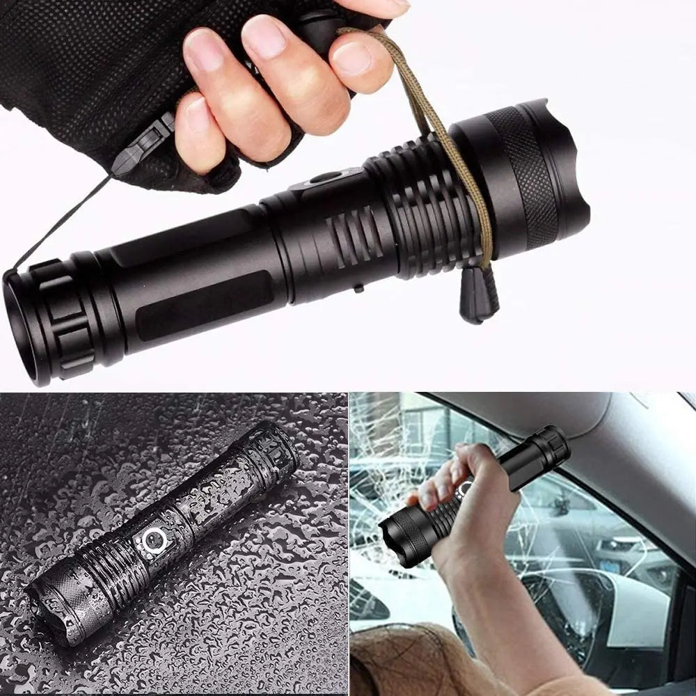 XHP120 LED Flashlight Rechargeable Zoom Tactical Torch with COB Side Light Power Bank Function