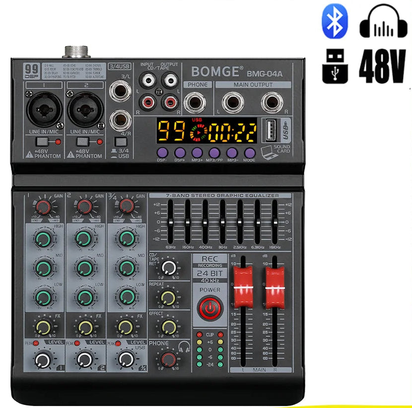 4 Channel Audio Mixing Console with 99 Band EQ USB Recording and Bluetooth