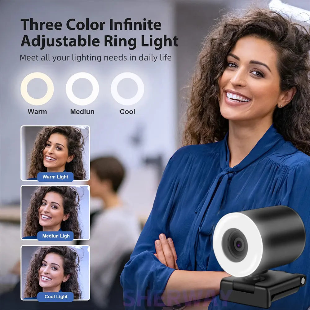 2K Streaming Webcam with Ring Light Autofocus Living Stream Camera 1080P USB Camera with Mics for Tiktok/YouTube Live Broadcast