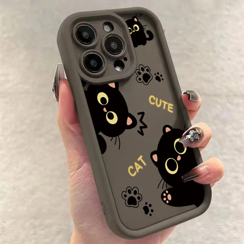Lovely Black Cat Silicone Case For iPhone 17 16 15 14 Pro Max 16E 16 Plus 17Air Shockproof Back Covers