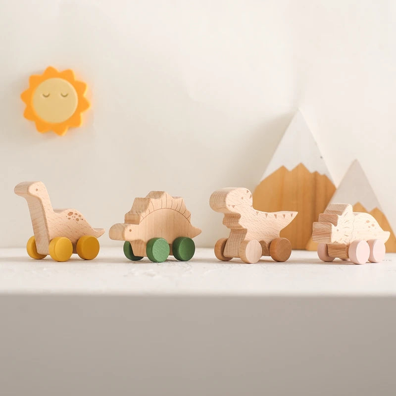 Baby Wooden Beech Car BPA Free  Cartoon Dinosaur Trolley Baby Toy Scene Building Block Hand-decorated Room Handmade Crafts Gifts