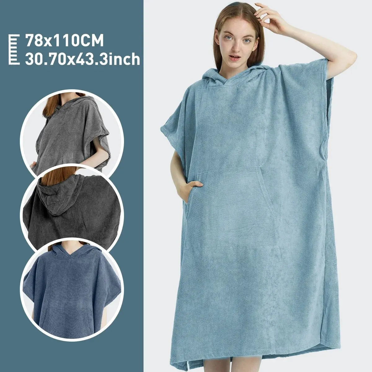 Quick Dry Microfiber Surf Poncho Towel with Hood and Pocket