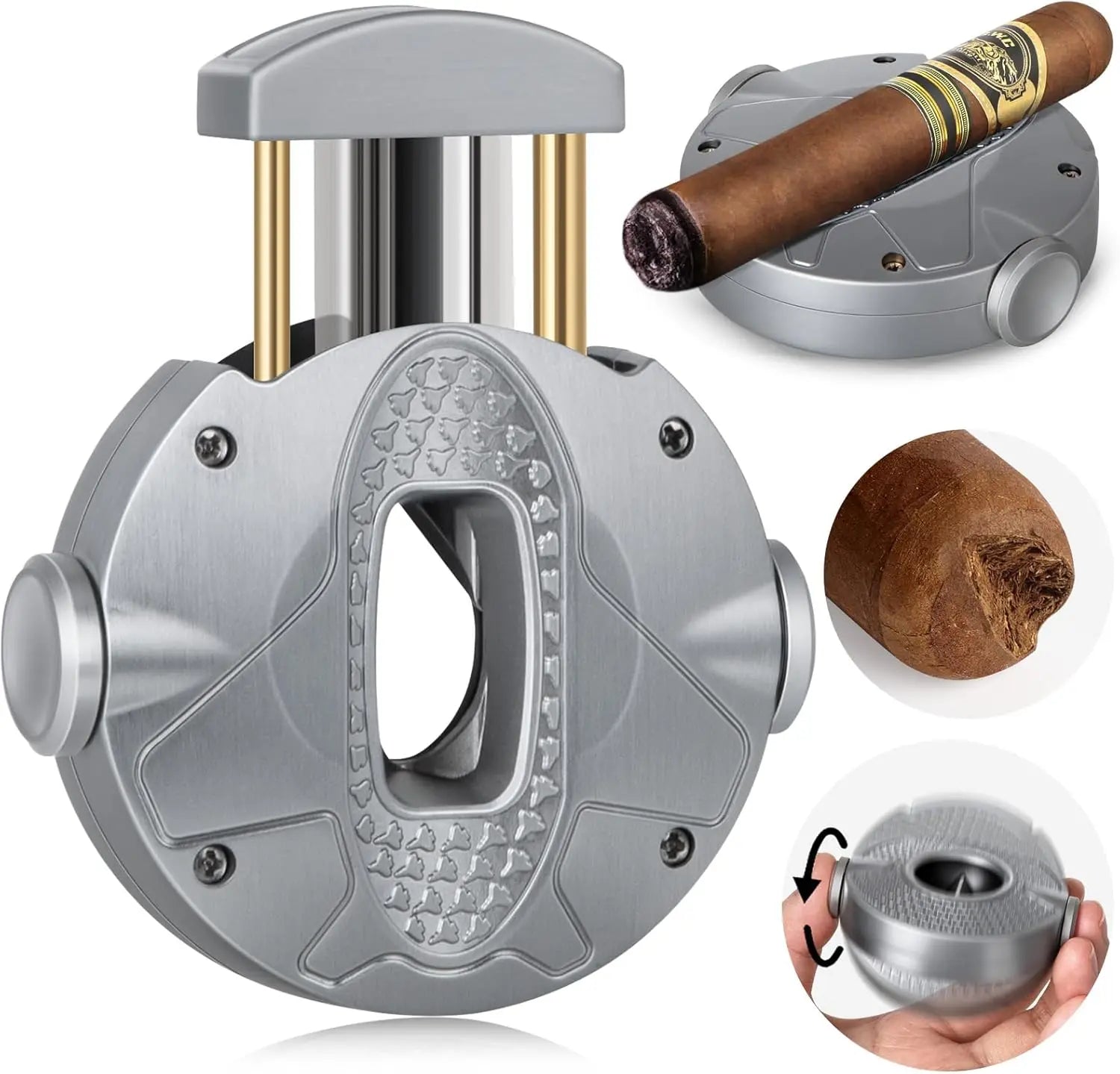 3-1 Cigar V Cutter with Stainless Steel Blade, Cigar Holder and Decompression Rotator, Round Cigar Cutter Ergonomically Designed