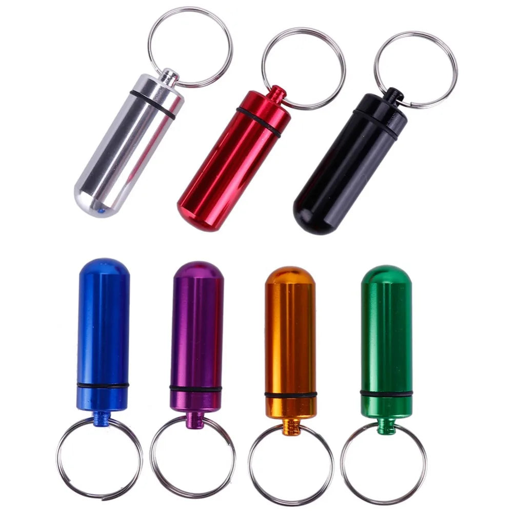 New High Quality Portable Water Proof Mini Blue Aluminum Keychain Tablet Storage Box Bottle Case Holder