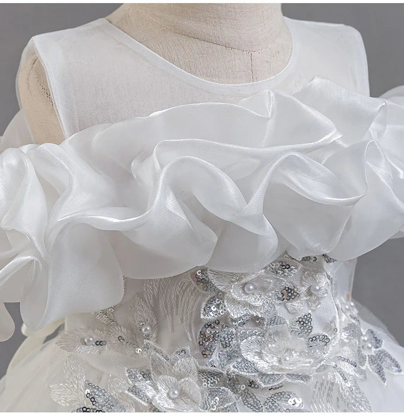 Luxury Off-Shoulder Gown with Train for Girls  Tulle Dress for Fashion Walk Show & Pageants